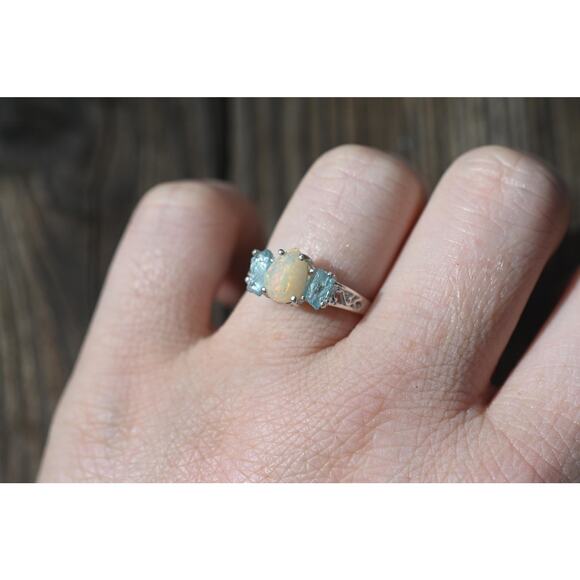 Aquamarine and Ethiopian opal ring sterling silver size 3 4 5 6 7 8 9 10 11 12 - Picture 3 of 3